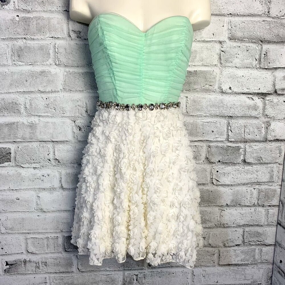Vintage Y2k Babydoll Sheer Mint Corset Rhinestone Strapless Mini Dress